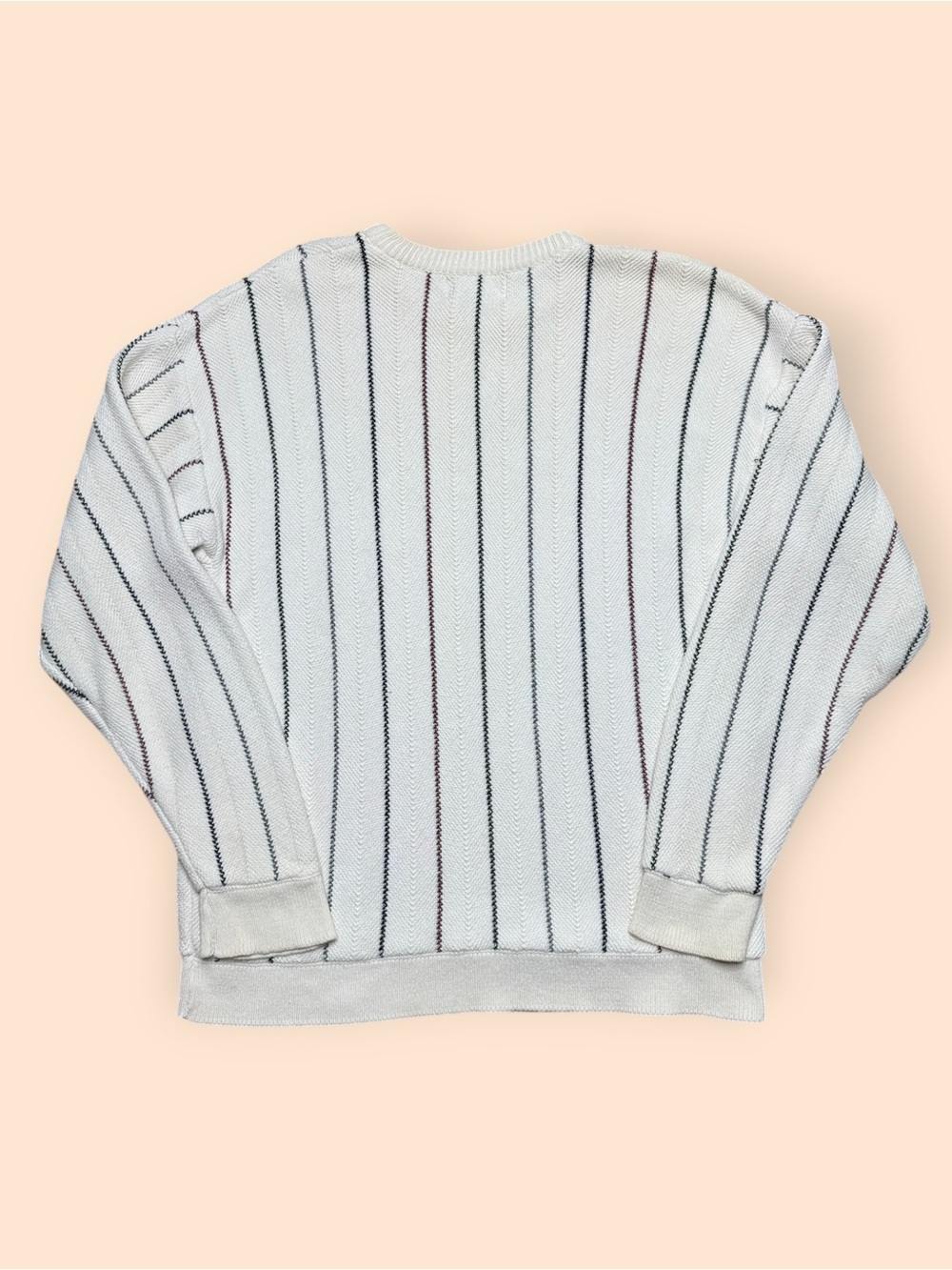 Chaps Cream Crewneck Sweater with Navy & Burgundy Pinstripes - Picture 2 of 4